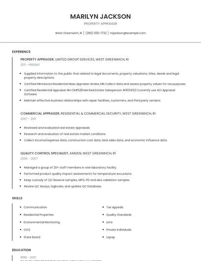 Property Appraiser Resume