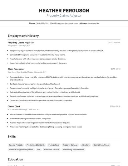 Property Claims Adjuster Resume