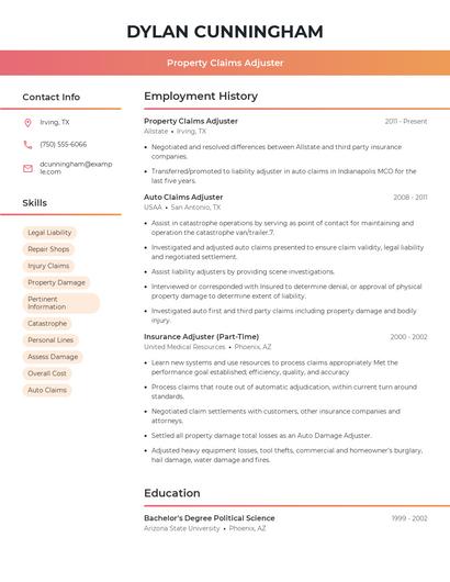 Property Claims Adjuster Resume