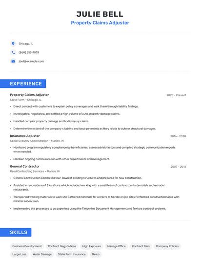 Property Claims Adjuster Resume