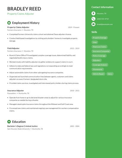 Property Claims Adjuster Resume
