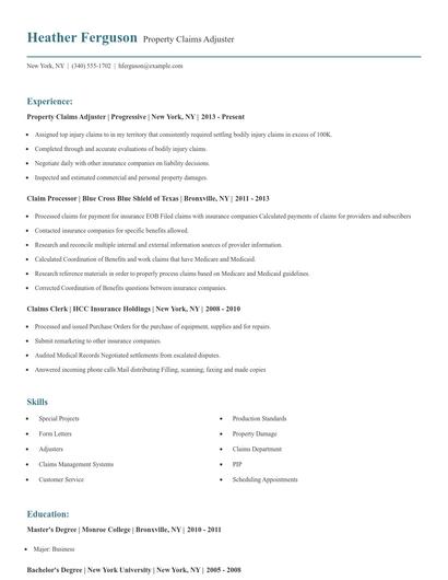 Property Claims Adjuster Resume