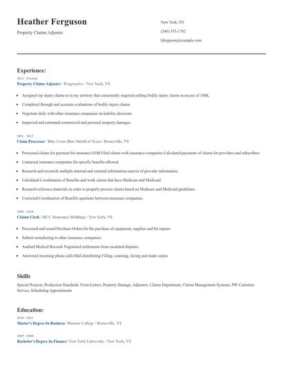 Property Claims Adjuster Resume