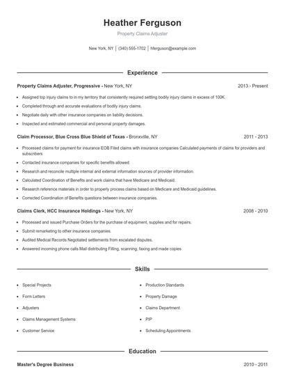 Property Claims Adjuster Resume