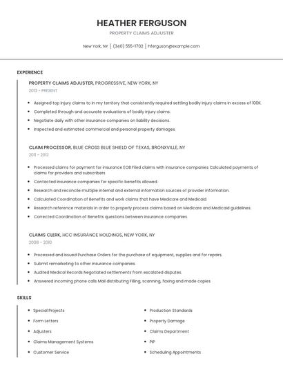Property Claims Adjuster Resume