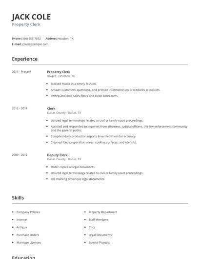 Property Clerk Resume