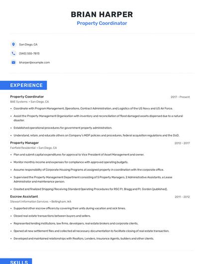 Property Coordinator Resume