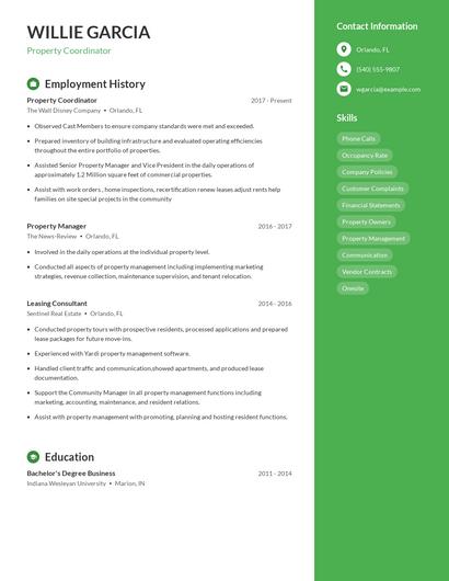 Property Coordinator Resume