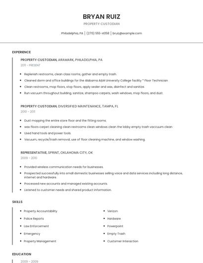 Property Custodian Resume