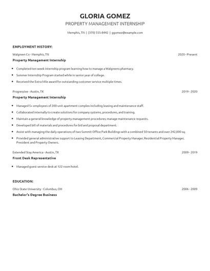 Property Management Internship Resume