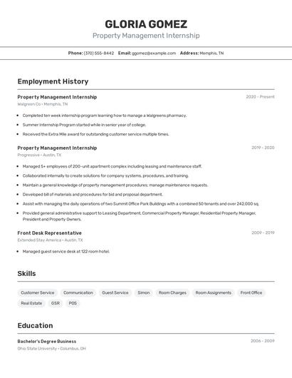 Property Management Internship Resume