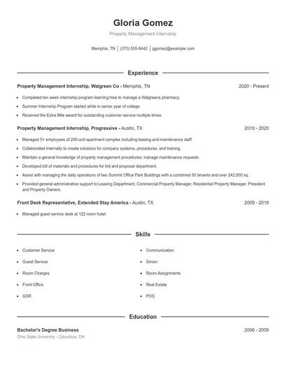 Property Management Internship Resume