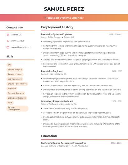 Propulsion Systems Engineer Resume