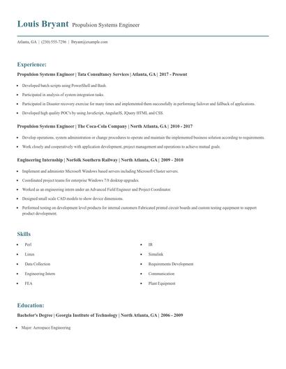 Propulsion Systems Engineer Resume
