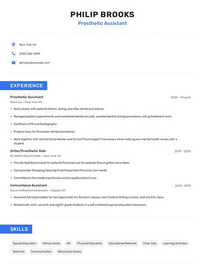 Prosthetic Assistant Resume