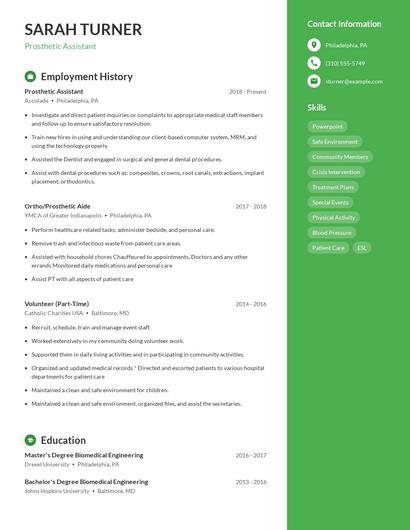 Prosthetic Assistant Resume