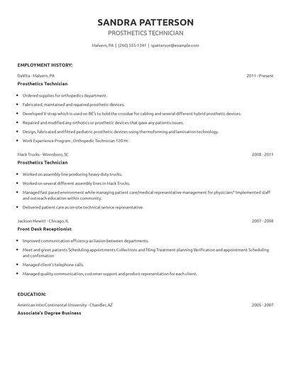 Prosthetics Technician Resume