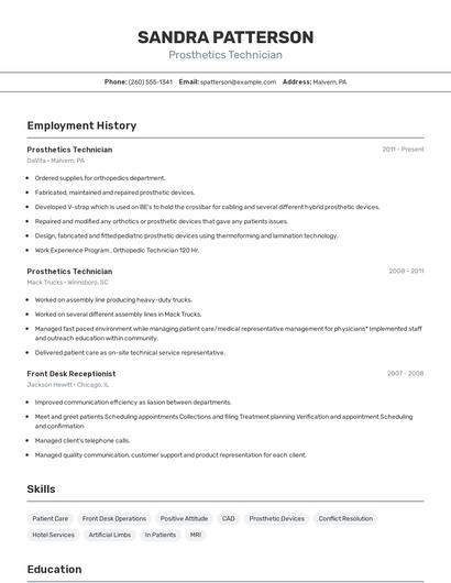 Prosthetics Technician Resume