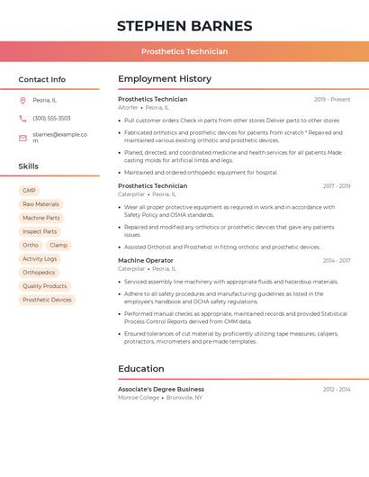 Prosthetics Technician Resume