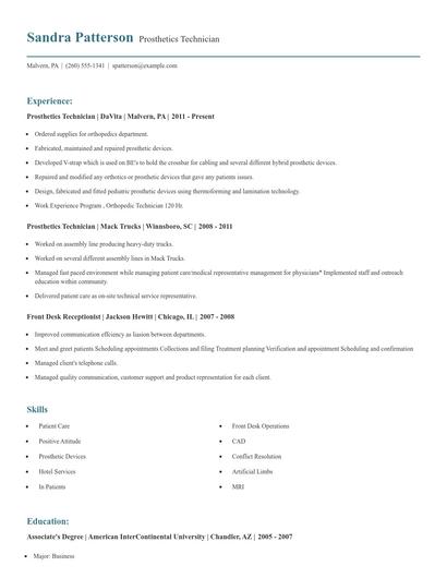 Prosthetics Technician Resume