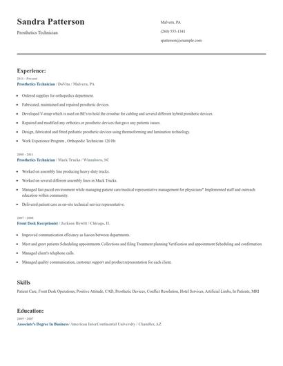Prosthetics Technician Resume