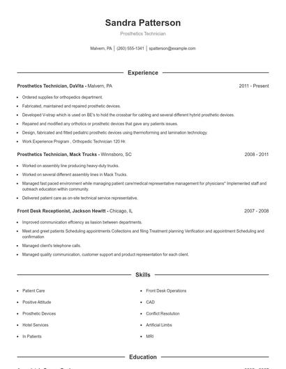 Prosthetics Technician Resume