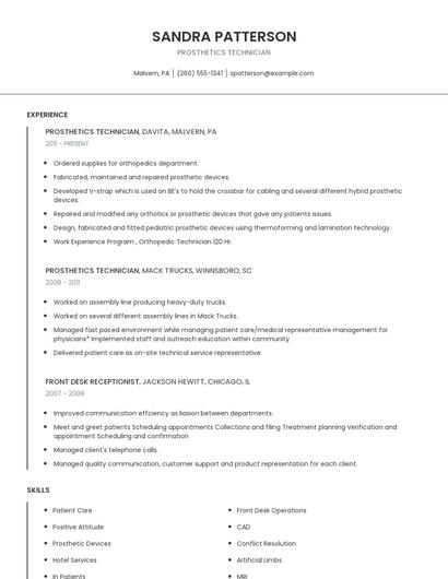 Prosthetics Technician Resume