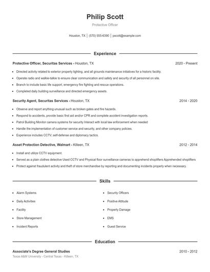 Protective Officer Resume