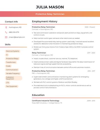 Protective Relay Technician Resume