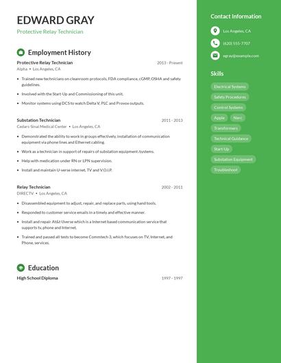 Protective Relay Technician Resume