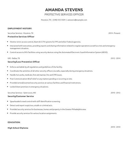 Protective Services Officer Resume
