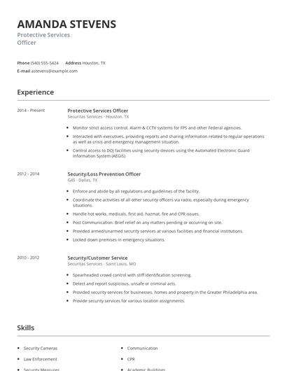 Protective Services Officer Resume