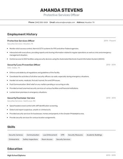 Protective Services Officer Resume