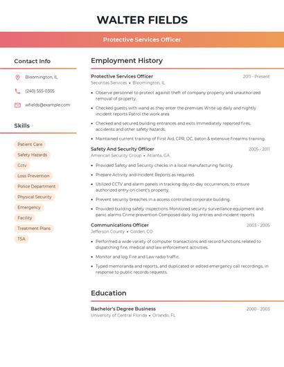Protective Services Officer Resume