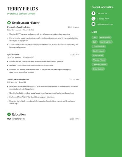 Protective Services Officer Resume