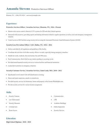 Protective Services Officer Resume