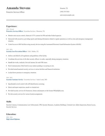 Protective Services Officer Resume
