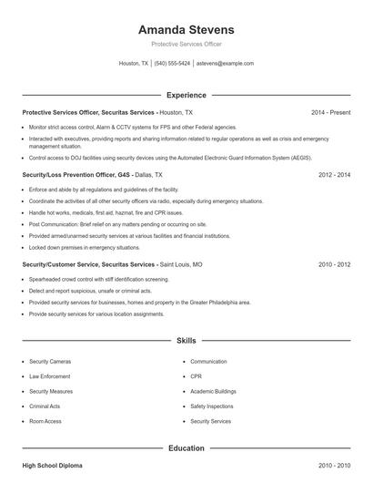 Protective Services Officer Resume