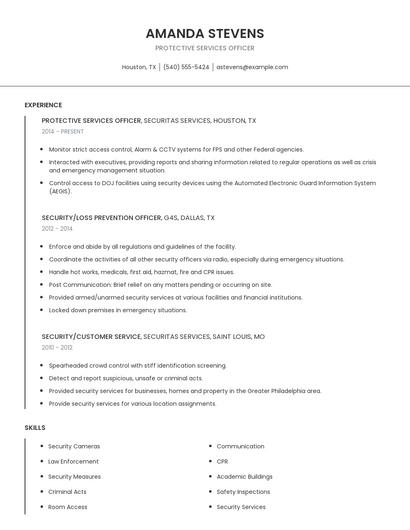 Protective Services Officer Resume