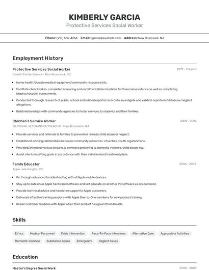 Protective Services Social Worker Resume