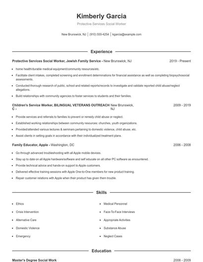 Protective Services Social Worker Resume