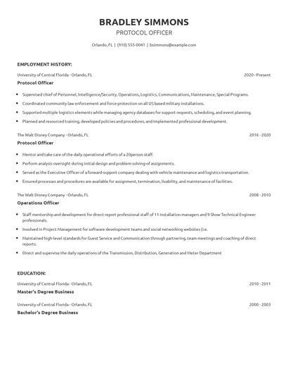Protocol Officer Resume