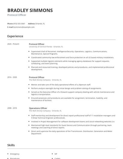 Protocol Officer Resume