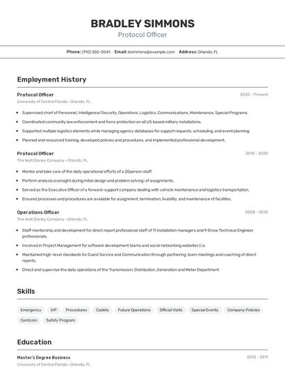 Protocol Officer Resume