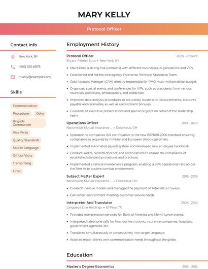 Protocol Officer Resume