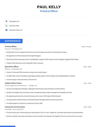 Protocol Officer Resume