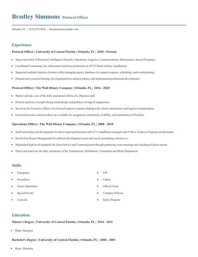 Protocol Officer Resume