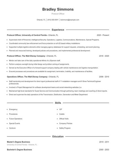 Protocol Officer Resume