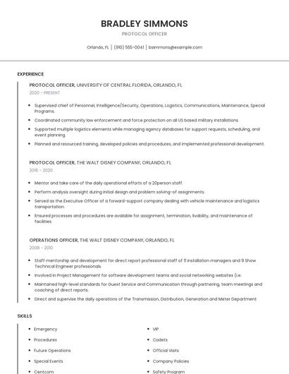 Protocol Officer Resume