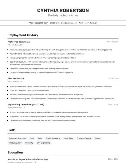 Prototype Technician Resume